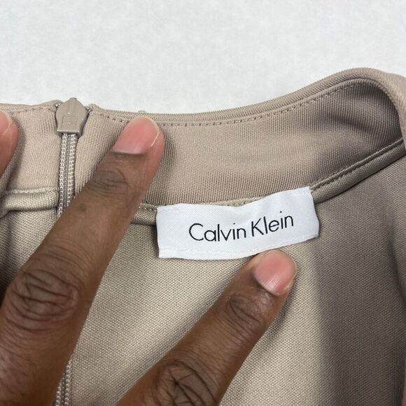 Calvin Klein Lace Ruched Sheath Dress Beige Back Zip Sleeveless Work Size 10 - Picture 7 of 10